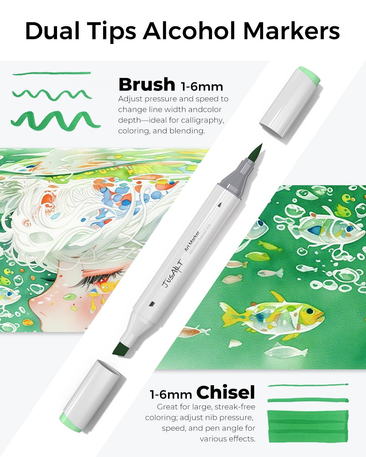 [JusArt] 72/48 Colors Dual Tip Art Markers with Brush & Chisel Pens, Alcohol Brush Markers, Alcohol Based Marker Set for Adult Coloring Books, Drawing, Illustration, Sketching, No Bleed Ink Art Supplies
