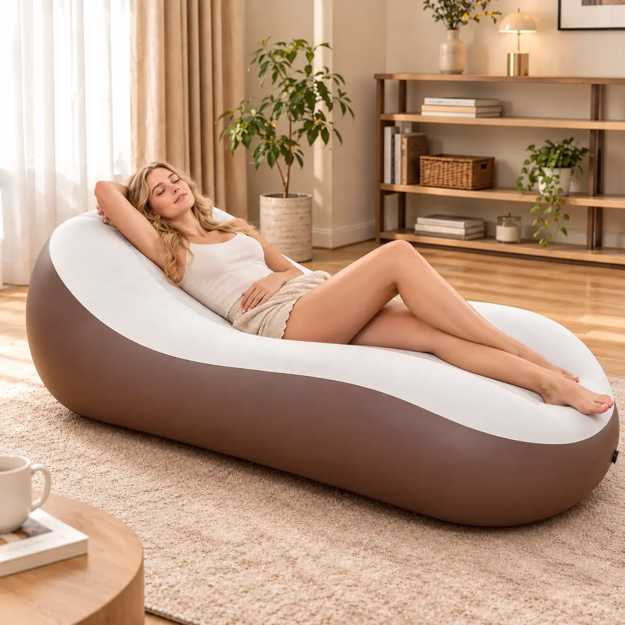 Flocked Surface Portable Inflatable Recliner Sofa with Backrest - 1-Person Adults' Wear-Resistant Air Lounge Bed, Easy Inflation, Compact Storage, One Size for Outdoor Camping & Hiking