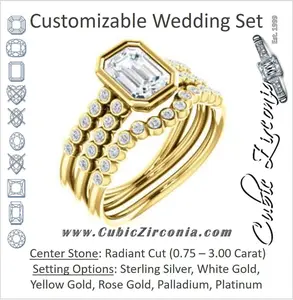 CZ Wedding Set, featuring The Rafaella engagement ring (Customizable Bezel-set Radiant Cut Design with Round Bezel Accented Split Band)