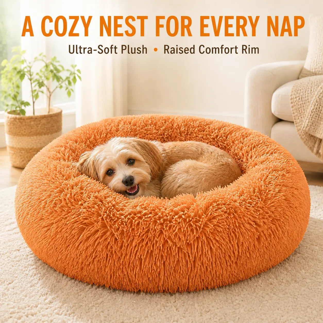 Calming Donut Dog Bed, 23.62" Round Fluffy Plush Pet Bed for Small Dogs & Cats, Washable Cozy Puppy Bed with Raised Rim and Non-Slip Bottom