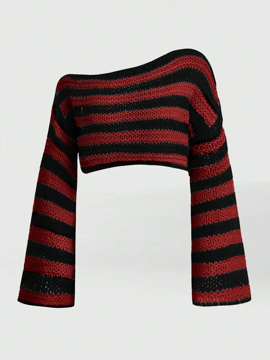 Lunara x Goth Women's Striped Asymmetrical Collar Flare Sleeve Sweater,Long Sleeve Tops