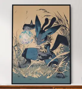 Lucario, Pokemon, Japanese Tapestry Style, Bedroom Wall Art - POSTER NO FRAME