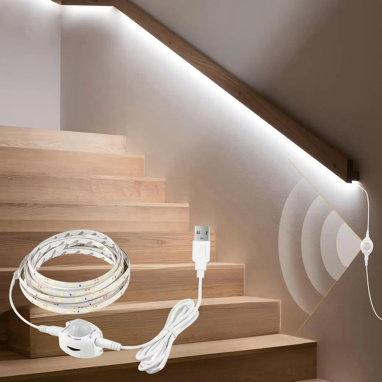 PIR Motion-Sensor LED Strip Light, 1 Count USB Powered Automatic Switch Light, Stair Wardrobe Closet Kitchen Bedroom Hallway LED Light