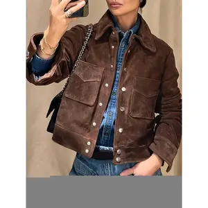 Women’s Spring Street Fashion Brown Retro Suede Jacket Coat