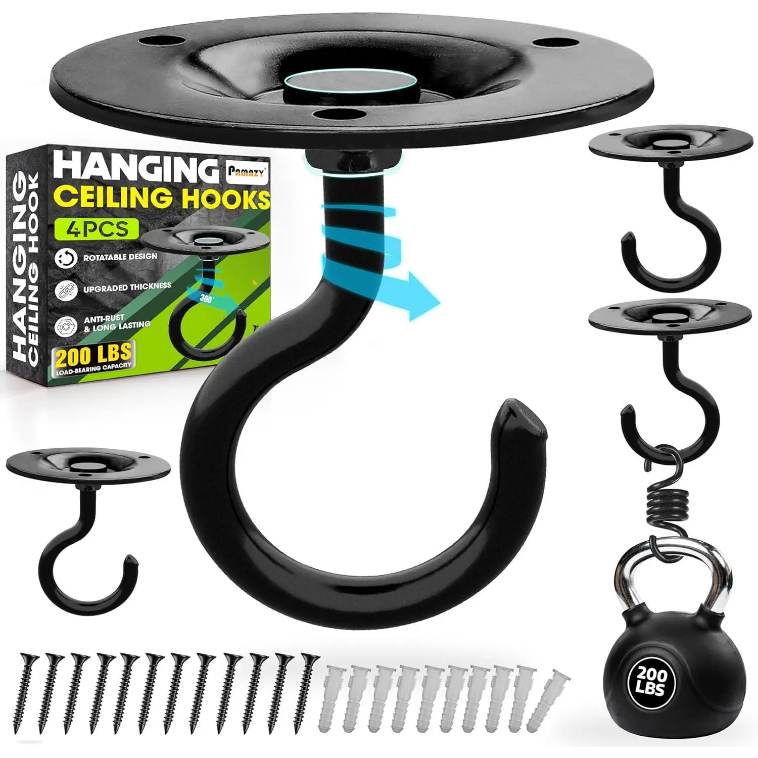[Upgraded] 200LBS 4 count Round Ceiling Hooks with Firmly Rotatable Button, Black Wall Mount Metal Hangers for Hanging Hanging , Bird Feeder, Lantern, Lights, Wind Chime, Indoor Outdoor Decor