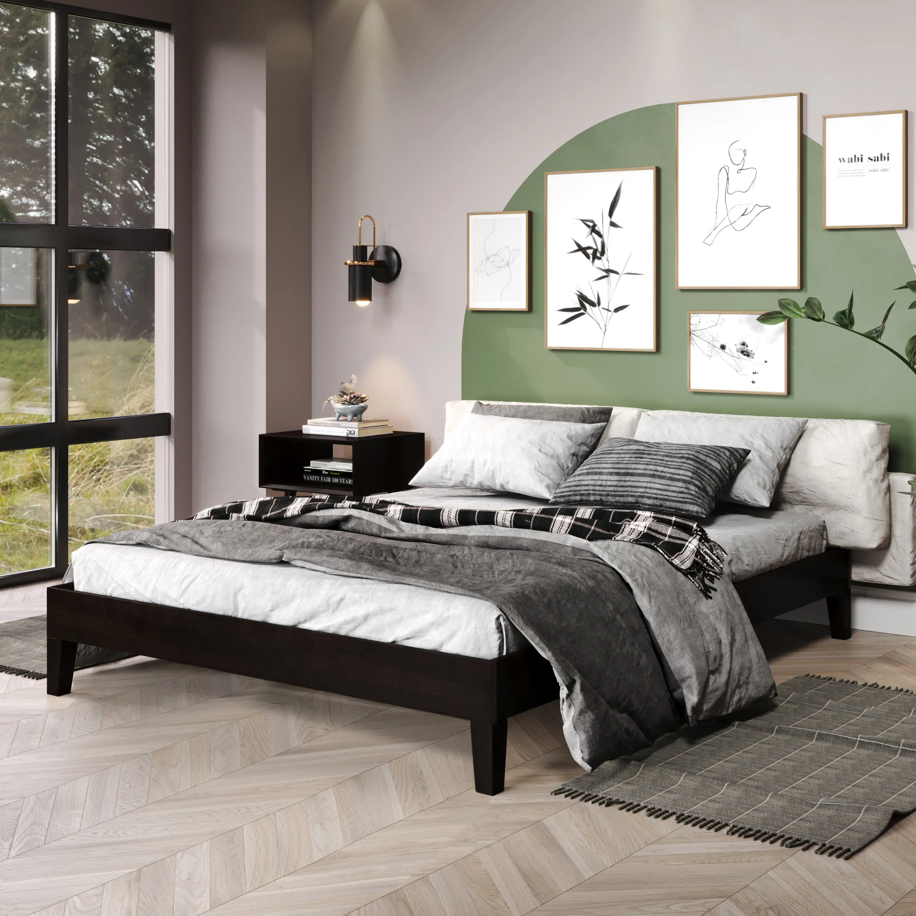 SALE - Nix Solid Wood Queen Platform Bed with 28-Slats and Black Finish for Modern Home Decor 75.5"W x 59.5"D x 12"H Felt Leg Bottoms & 6.5" Under Bed Clearance