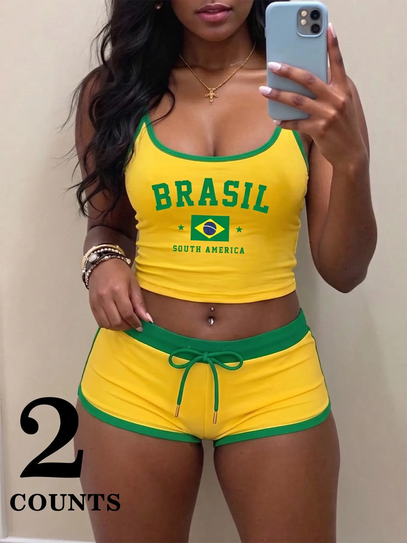Women's Brazil Color Set, Brazilian Flag Print, Sleeveless Tank Top Crop Top and Drawstring Shorts, Fashionable Casual for Daily Wear