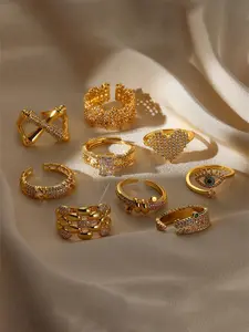 Vintage Heart-shaped Stainless Steel opening Rings For Women Gold color Adjustable Zircon Rings Wedding Party Finger Jewelry