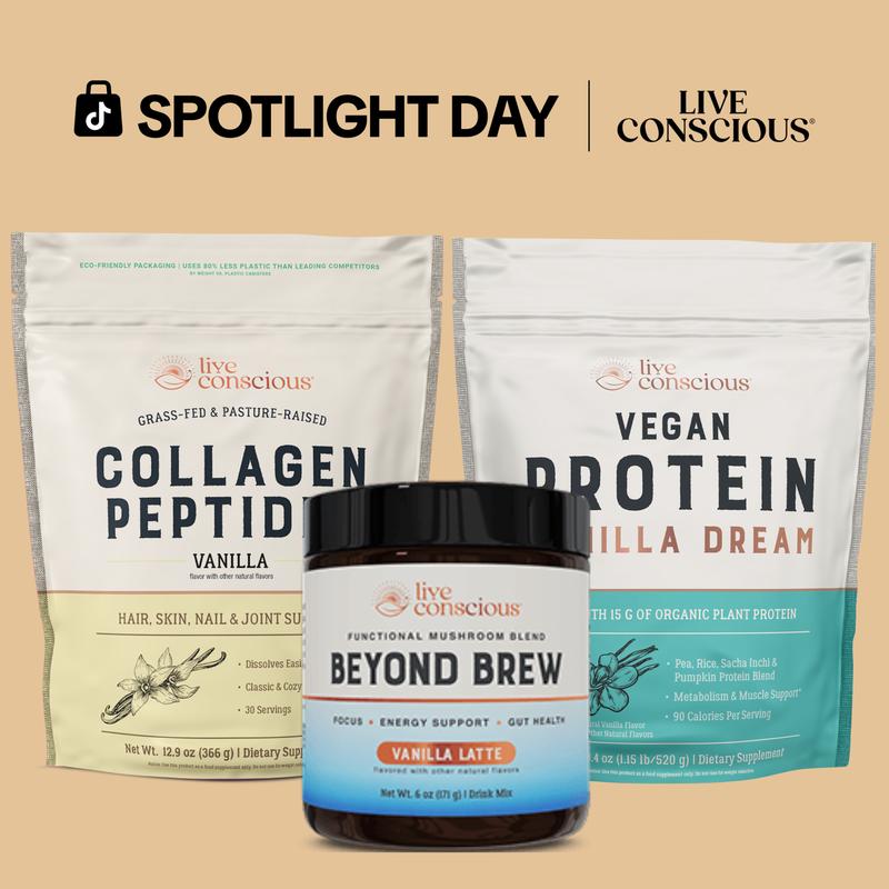 Live Conscious Vanilla Lover's Dream Bundle - NEW Vanilla Collagen, Beyond Brew Vanilla Latte & Vanilla Dream Vegan Protein - Daily Dream Wellness Bundle