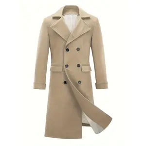 Men's Notch Lapel Double Breasted Long Trench Coat Casual Windproof Overcoat