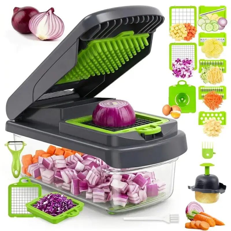 14-in-1 Multifunction Vegetable Chopper & Mandoline Slicer Set with Food Container | Onion Dicer, Julienne Cutter, Egg Separator, Peeler & Cleaning Brush Included