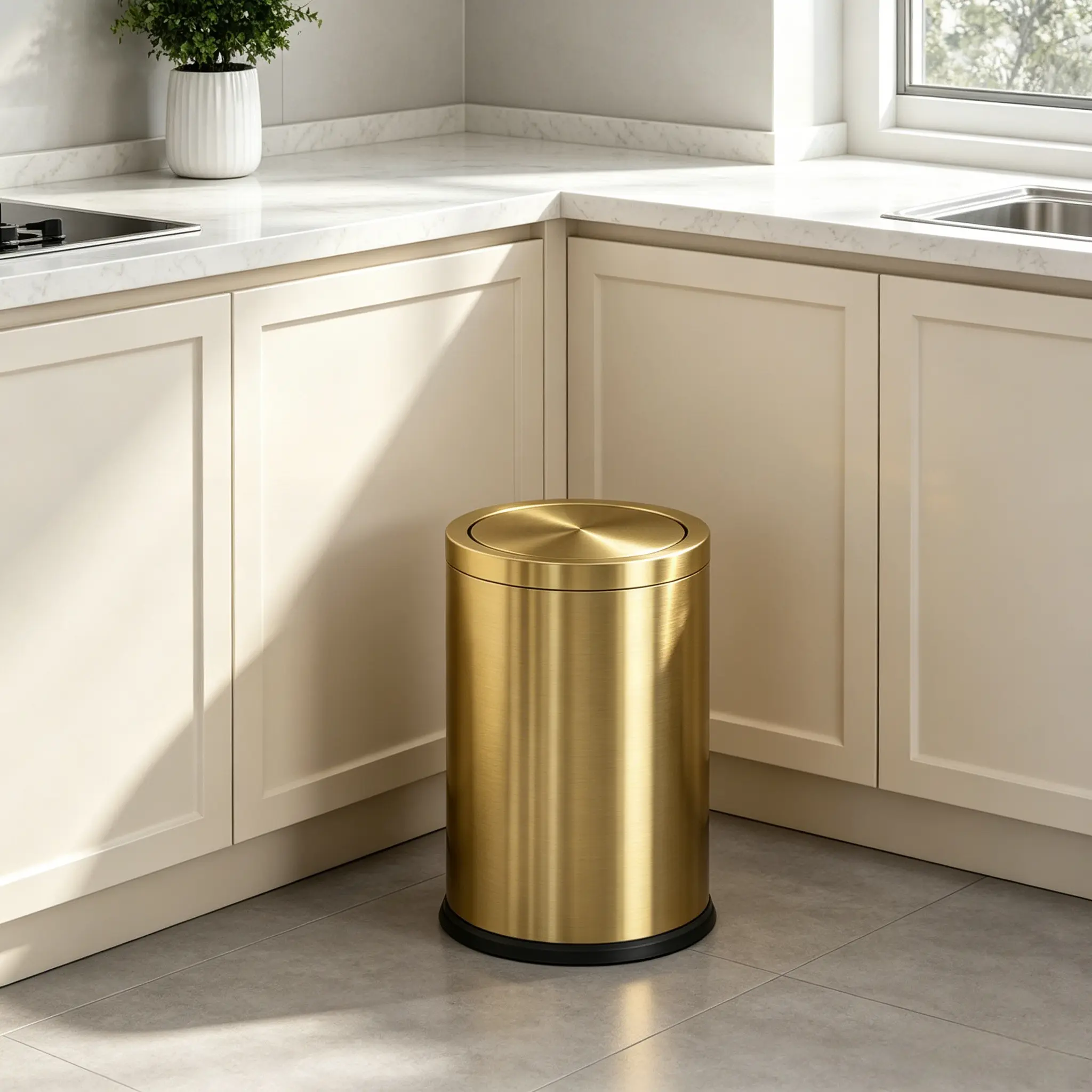 360 Degree Mute Flip Cover Anti-Rust Trash Bin with Odor Block Function, 9L Golden Stainless Steel Garbage Can, High-End Noiseless Mini Waste Container Suitable for Kitchen Bathroom Office