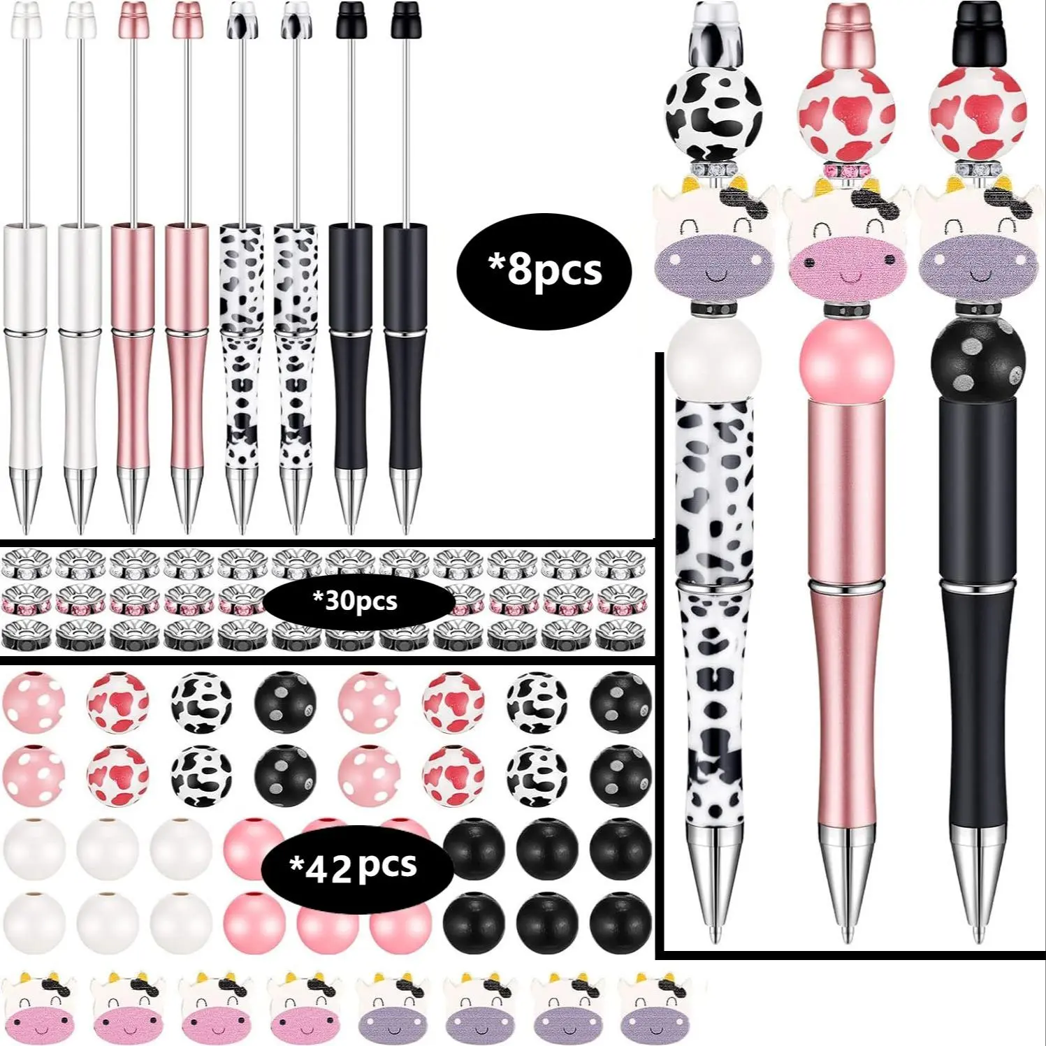 Cow Design Beading Pen Set, 80pcs/set, Including 8 Beading Pens & 42pcs Wooden Beading & 30pcs Crystal Beading, DIY Beading Pen Gift For School Office Supplies, Crafts, Handicraft, Beading Accessories, Bead Assortment, Beading Making
