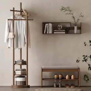 【Summer】TimberKnows Coat Stand, Wooden Freestanding Rack with 3 Rotating Storage Shelves, Solid Wood Coat Hanger for Hallway & Bedroom, Easy Assembly