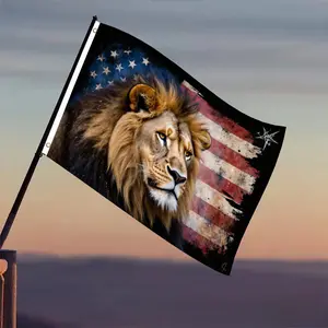 National Flag Measuring Featuring a Regal Golden-Brown Lion with a Lifelike Mane Set Against a Weathered American Flag Backdrop, Suitable for Celebration Banners, Outdoor Decor, Or Wall Display