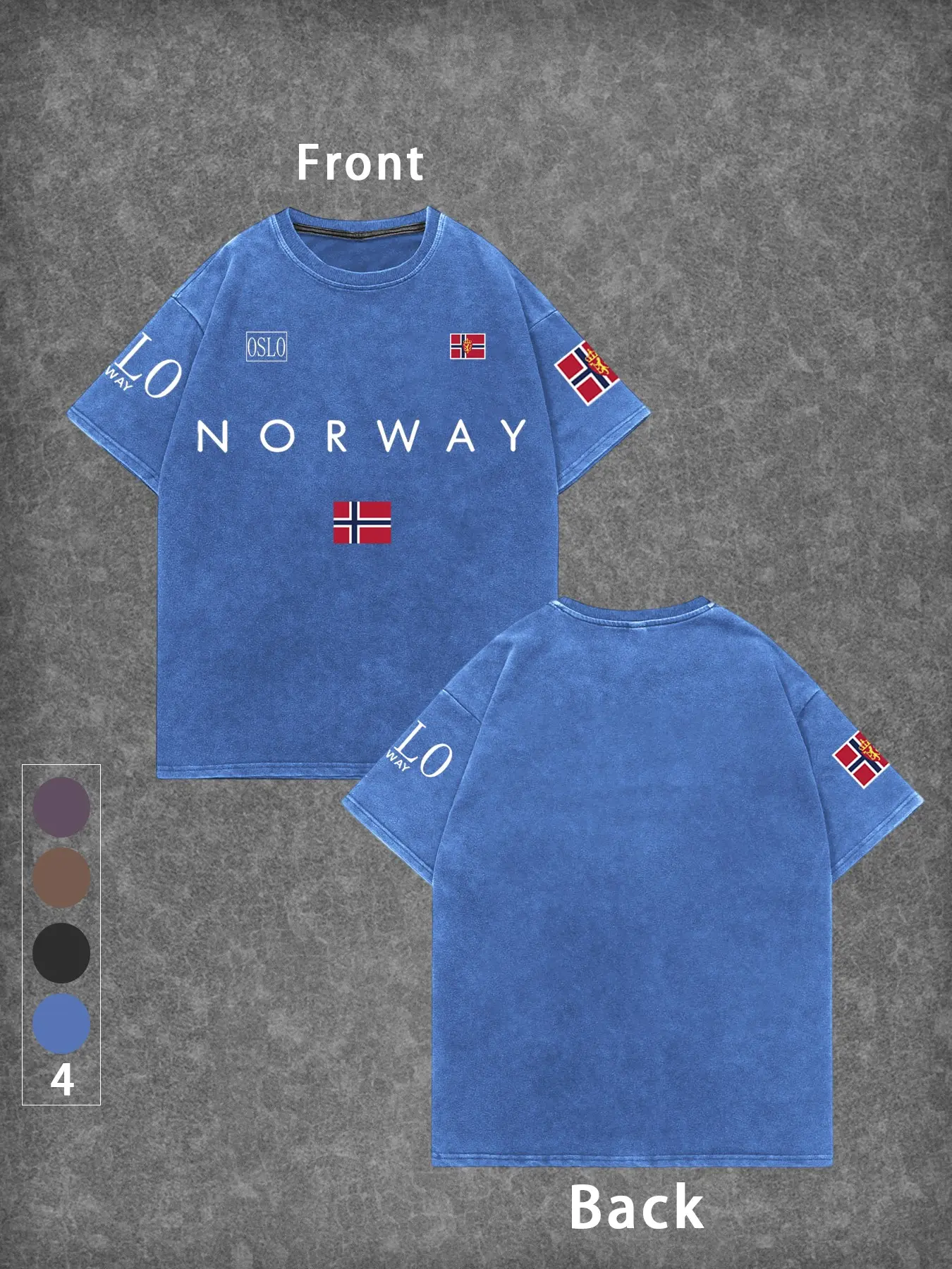 Men's Short Sleeve T-Shirt Top, Norway Flag Badge Print Design, Washed Cotton Fabric, Round Neck Loose Fit, Casual Streetwear Style, Multiple Colors, Menswear, Casual Style Tee