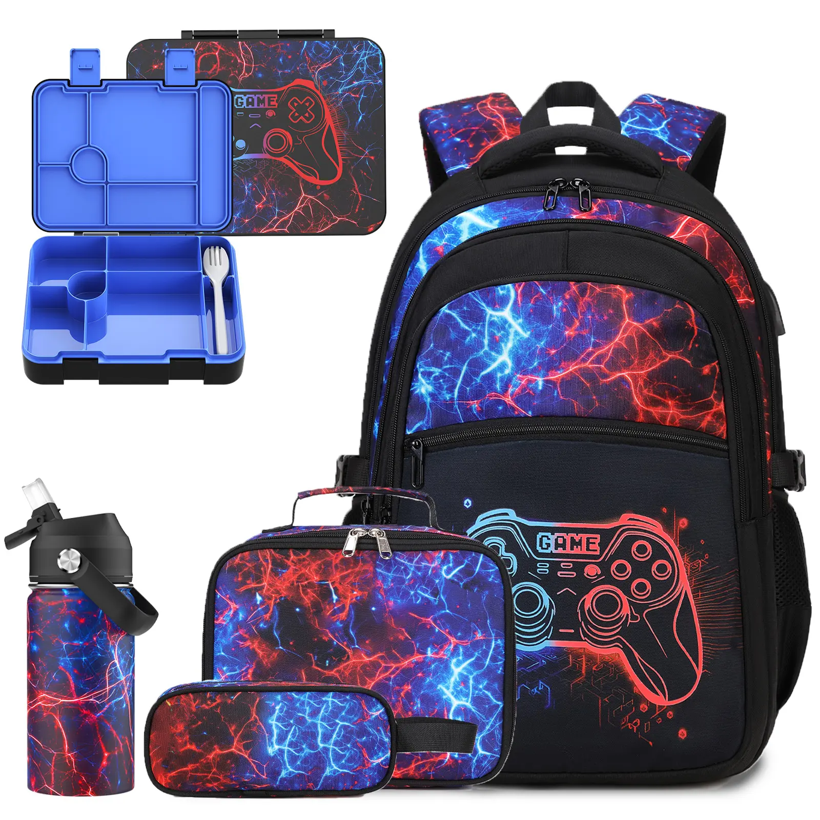 5PCS Boys Backpack for School, Cool Luminous Gamer Backpack for Boys with Lunch Bag&Pencil Case&Lunch Box&Water Bottle, Kids Backpacks Bookbag for Teen Boy Elementary Middle High School with USB Charging Port, Back to School Gift, Birthday's Gift