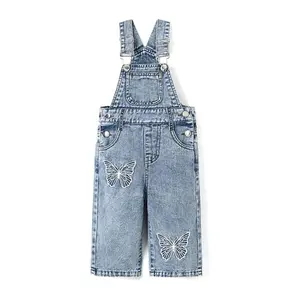 Kidscool Space 24M 7T Little Girls Butterfly Design Denim Overalls Adjustable Bib Jeans Pants Soft Washed Cotton Blend Wide Leg Style