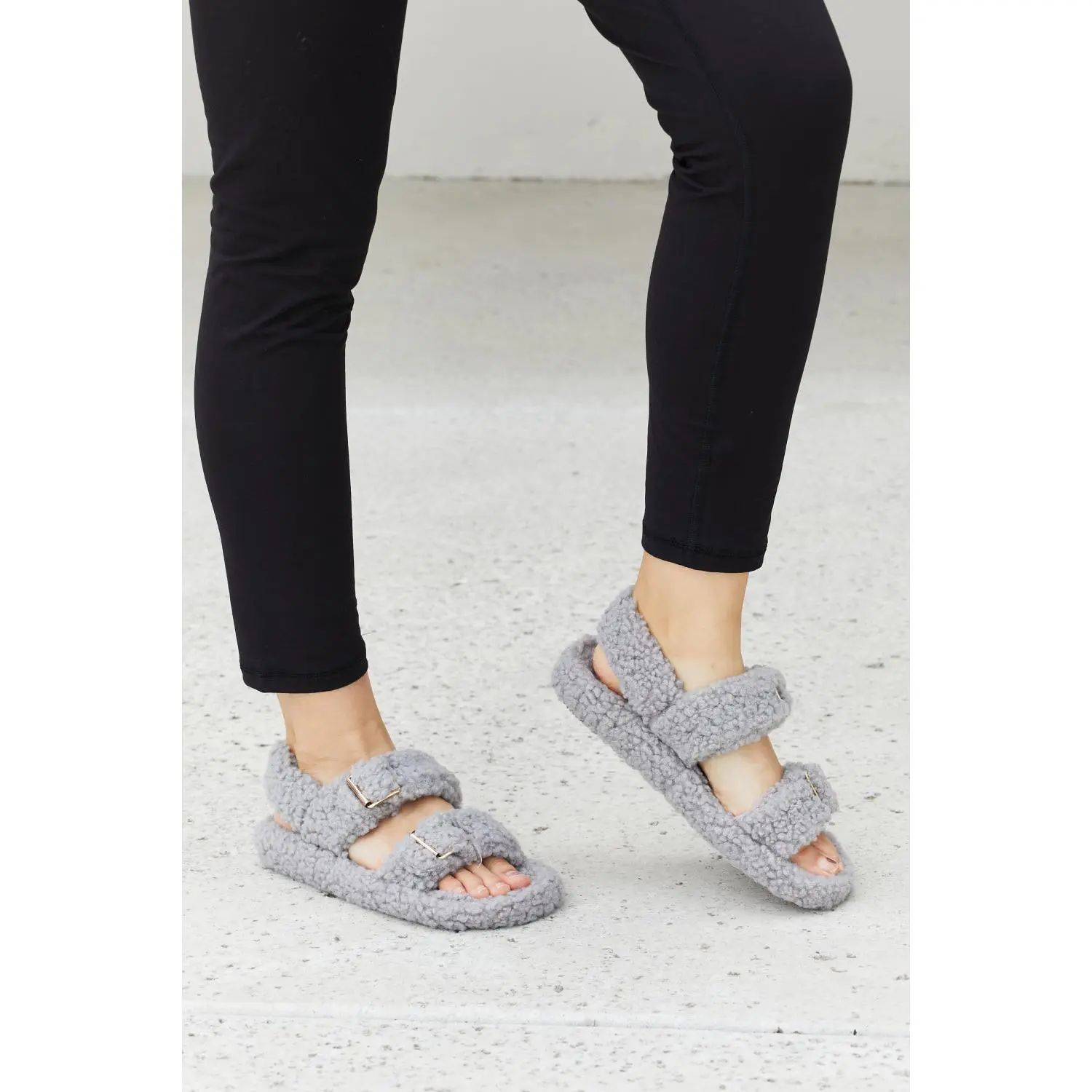 Qupid Cozy Atmosphere Faux Fur Buckled Sandals in Grey, Shoe, Footwear