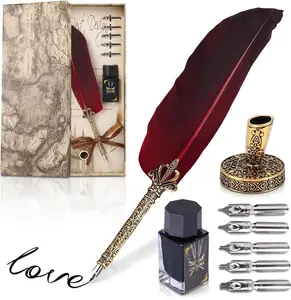 Classic Goose  Pen and Ink Set - Old Fashion Red  Quill Pen and Ink Set with Stainless Steel Nib for Calligraphy Practice, Drawing & Signatures - Thoughtful Writer Gifts