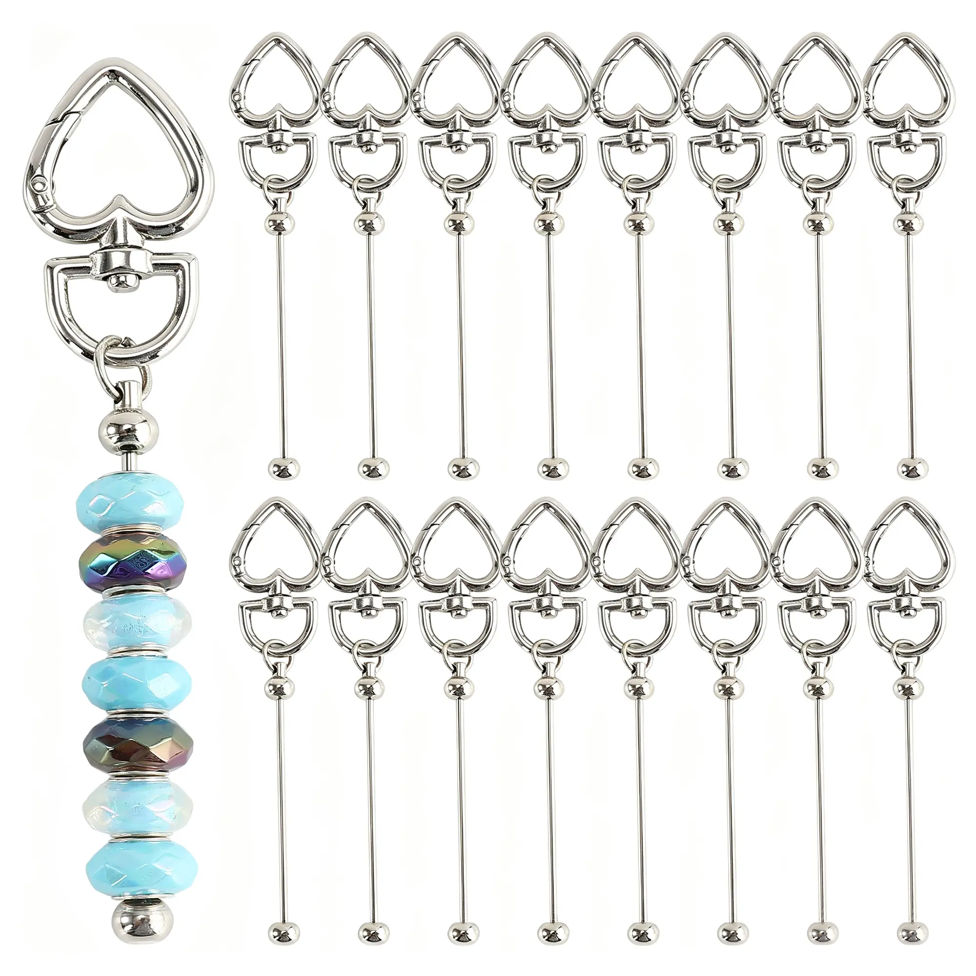 10 pieces of heart-shaped bead-studded keychains, DIY keychain ornaments, suitable for craft enthusiasts. They can be used for decorating bags, as keychains, as artworks, or for making keychain sets.