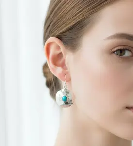 Sterling Silver 925 Handmade Hammered Turquoise Drop Earrings