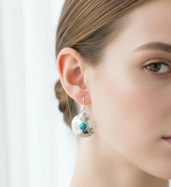 Sterling Silver 925 Handmade Hammered Turquoise Drop Earrings
