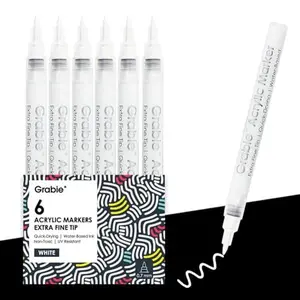 Grabie 6 White Acrylic Paint Markers, 0.7mm Extra Fine Tip Acrylic Paint Pens for Drawing, Coloring Books for Adults