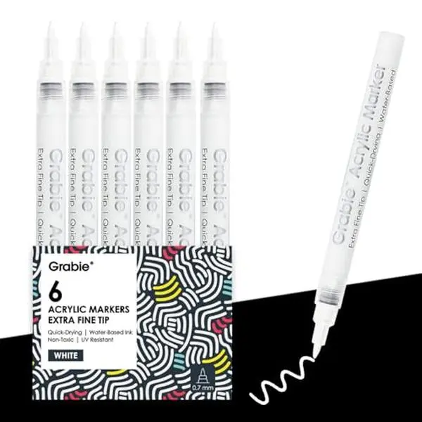 Grabie 6 White Acrylic Paint Markers, 0.7mm Extra Fine Tip Acrylic Paint Pens for Drawing, Coloring Books for Adults
