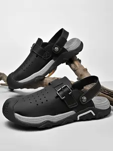 Men's Solid Color Dual-Wear Closed-Toe Perforated Sandals, Adjustable Velcro Non-Slip Beach Shoes, Breathable Outdoor Water-Slippers