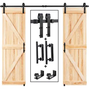 8FT Black Steel Double Sliding Barn Door Hardware Kit High Temperature Powder Coated Anti Corrosion 230LBS Heavy Duty Quiet Smooth Sliding J Pulley Track System Easy Install for Home Office Closet Interior Room Divider