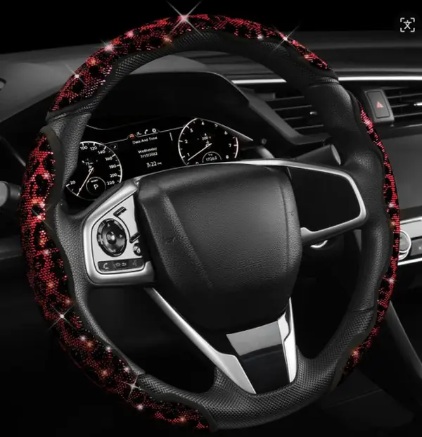 Bling Rhinestone 3-Pcs Steering Wheel Cover with Bold Print, Elastic Stretch, Anti-Slip Grip, Breathable Texture, Easy Installation, Universal Fit, Car Interior Decor Accessory, Gift for Women
