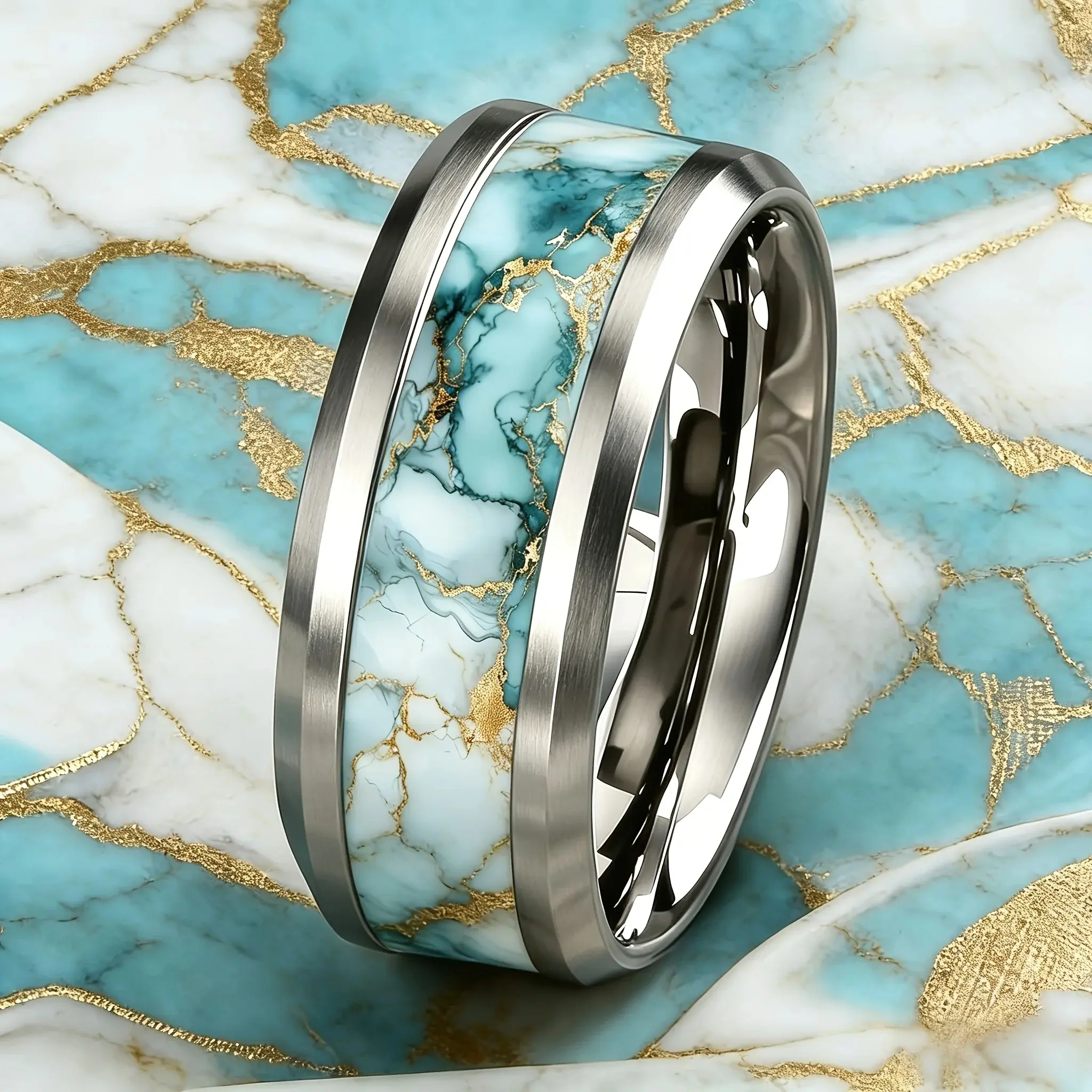 Luxury Sky Blue Turquoise & Golden Marble Pattern Ring Stainless Steel Rings For Women Men Wedding Jewelry Valentine's Day Gifts