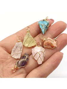 7 PCS Natural Stone Crystal Wire Wrapped Twisted Wire Natural Stone Raw Stone Pendant Accessories Jewelry (Can be made into earrings, pendants, keychains