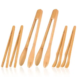 6PCS Wooden Kitchen Tongs Long Bamboo Kitchen Bamboo Toaster Cooking Tongs for Picking Up Cheese Bacon Toast Cake Fruits Bread