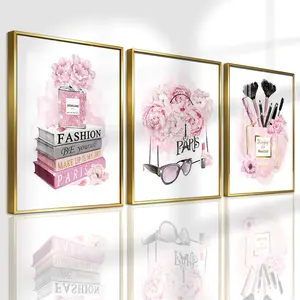 3 Counts Aluminum Alloy Framed Painting, Pink Fashion Perfume Flowers Makeup Art Pictures, Home Decoration For Living Room, Bedroom, Office, Restaurant, Hallway Wall Decor, Odorless Print Artwork, Luxury Perfect Gift For Friends And Family