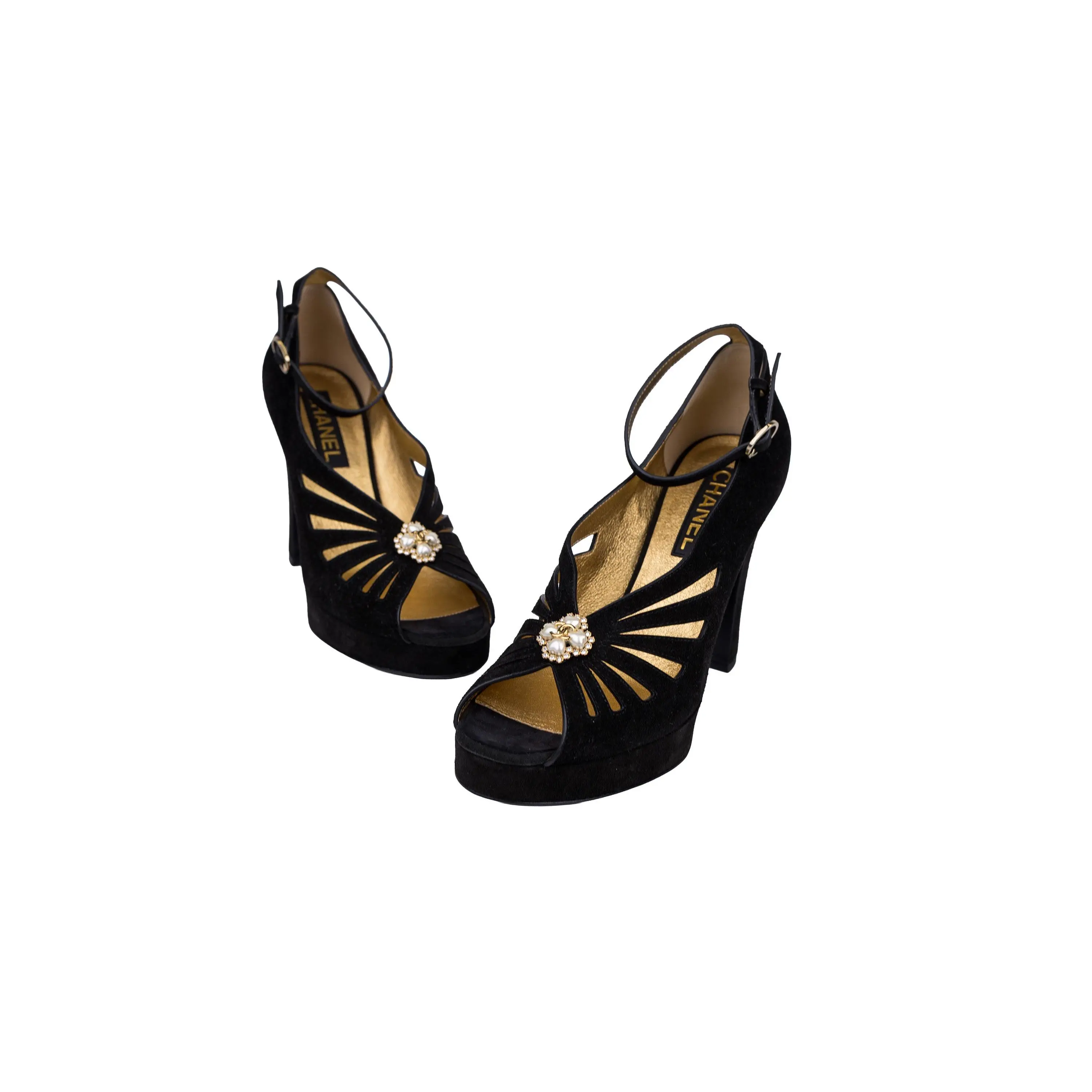 Chanel Black Suede Shamrock Cutout Open Toe Platform Heels Size 39.5
