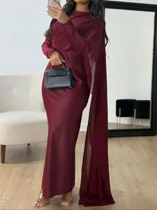 Pure Color Elegant Fashion One-Shoulder Cape Long Sleeve Dress, Fitted Style, Plain Pattern, Long Dress Length, Women's Clothing