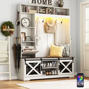 75''H LED Farmhouse Hall Tree with Bench and Shoe Storage,Entryway Bench with Coat Rack,16 Shoe Cubbies & Umbrella Holder and Sock Storage Drawer,Mudroom/Hallway Storage Cabinet