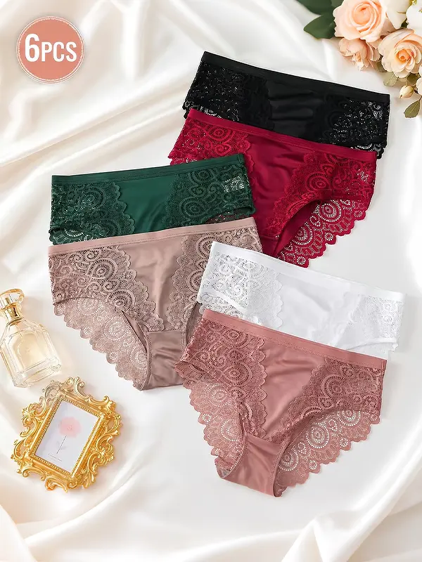 Women's 6pcs Lace Floral Cotton Briefs Set - Breathable Silk Smooth Panties Mid Rise Scalloped Trim Underwear Pack,Secure Fit, S-XL, Everyday, Soft, Breathable, Stretchy, Durable, Ultra-Soft, Ultra-Soft Fit