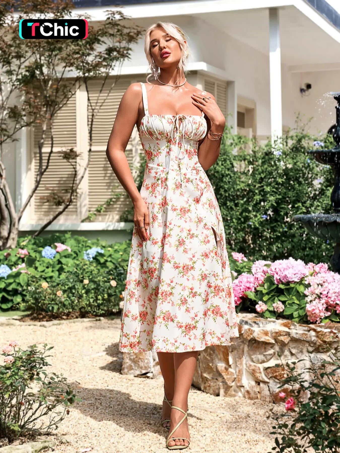 Women's Floral Print Lace Up Split Thigh Vintage Cami Dress, Boho Style Ruched Details Tie Front Sleeveless Midi Dresses for Women Beach Holiday Vacat