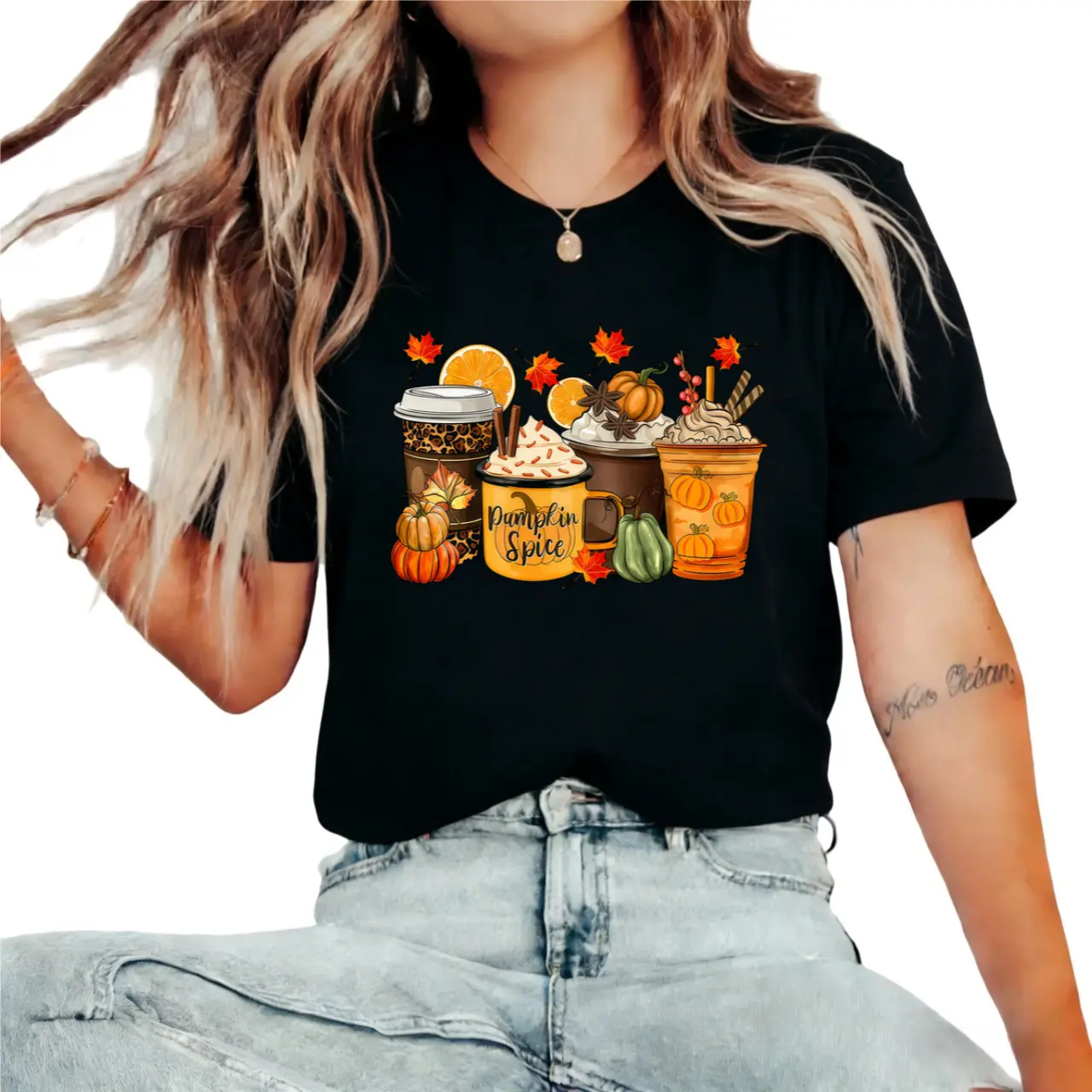Pumpkin Spice T-Shirt for Women, Casual Fall Graphic Tee in Soft 100% Cotton Fabric, Short Sleeve Classic Fit Top, Shortsleeve, Elegant, Tshirt, Tops, Digital Print, Fade Resistant
