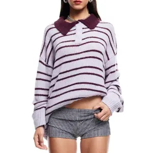 Womens Striped Long Sleeve Sweater Lapel Button Down Color Block Loose Pullover Knitwear Tops