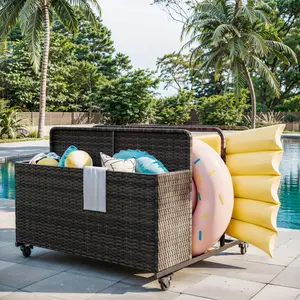 Pool Float Storage Organizer with Rolling Wheels, Outdoor Wicker Rattan Pool Caddy & Toy Storage Basket for Poolside, Patio & Deck, All-Weather PE Rattan Pool Caddy, 2 Open Compartments, Brown