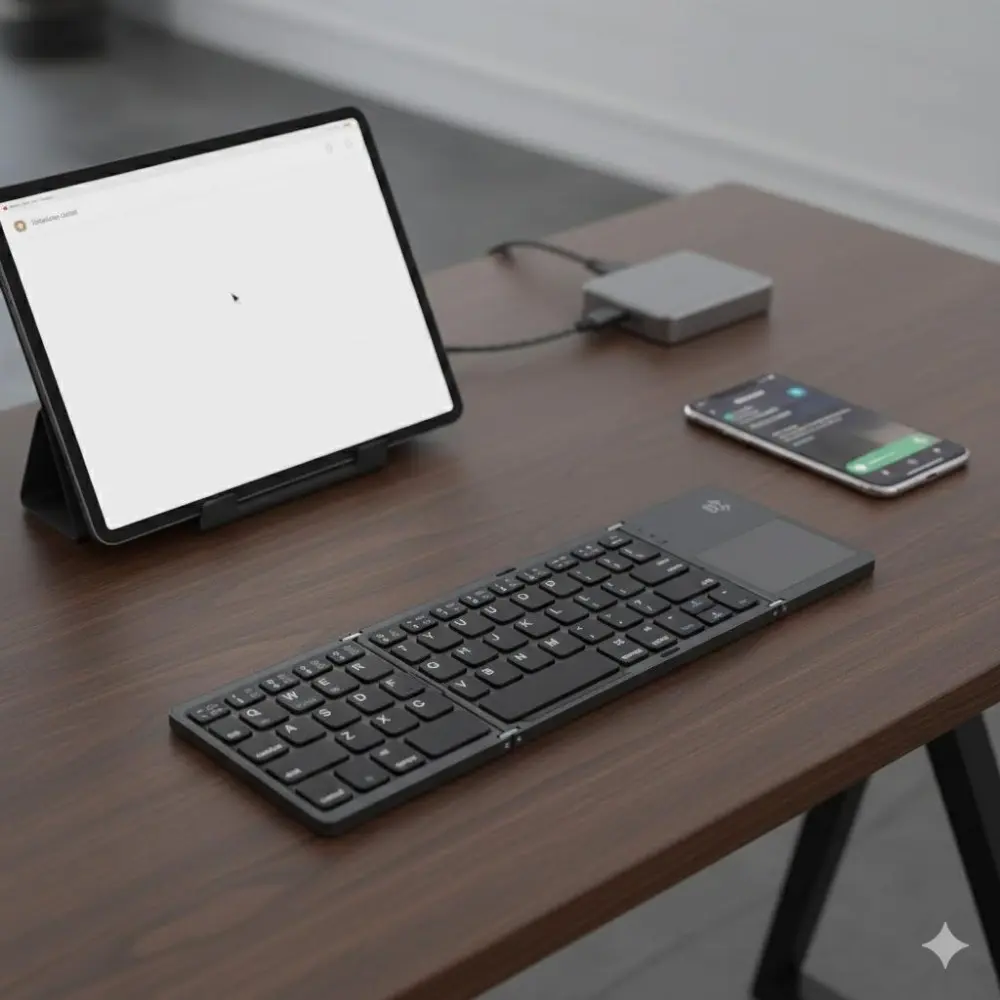 Ultra Slim 3-Fold Wireless External Keyboard with Touchpad, Silent Portable Rechargeable, Multi-OS Compatible for iPad Tablet Smartphone Laptop Mac Windows PC, Bluetooth, Plug & Play, Office Gaming, Anti-Slip Silicone Case & Carry Pouch Included.