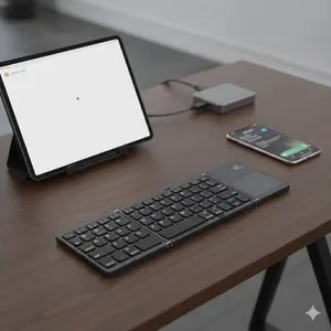 Ultra Slim 3-Fold Wireless External Keyboard with Touchpad, Silent Portable Rechargeable, Multi-OS Compatible for iPad Tablet Smartphone Laptop Mac Windows PC, Bluetooth, Plug & Play, Office Gaming, Anti-Slip Silicone Case & Carry Pouch Included.