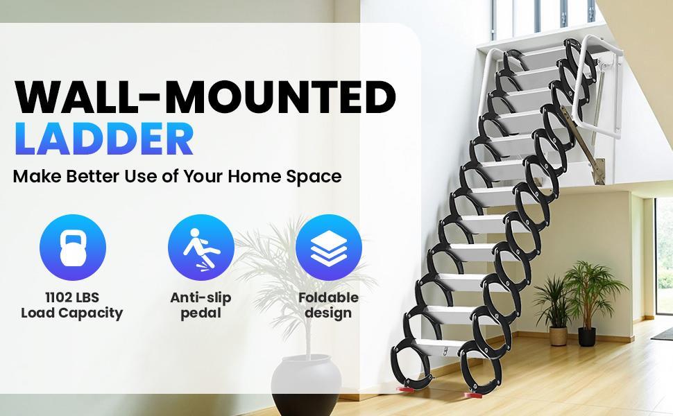 Wall-Mounted Attic Ladder, Robust 12-Step Retractable Stairs with Handrails, 118 in Height, 1102 lbs Capacity, Sturdy Wide Pedals, Black Electrostatic Spraying, Comfortable Use Experience for Various Floors, Contact Through Amazon Wall-Mounted Attic Ladder, Robust 12-Step Retractable Stairs with Handrails, 118 in Height, 1102 lbs Capacity, Sturdy Wide Pedals, Black Electrostatic Spraying, Comfortable Use Experience for Various Floors, Contact Through Amazon