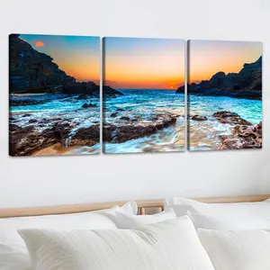 Fantastic Seaside Landscape Art Canvas Painting, 3 Counts Wooden Framed Canvas Painting, Wall Art Decor for Home Living Room Bedroom, Poster