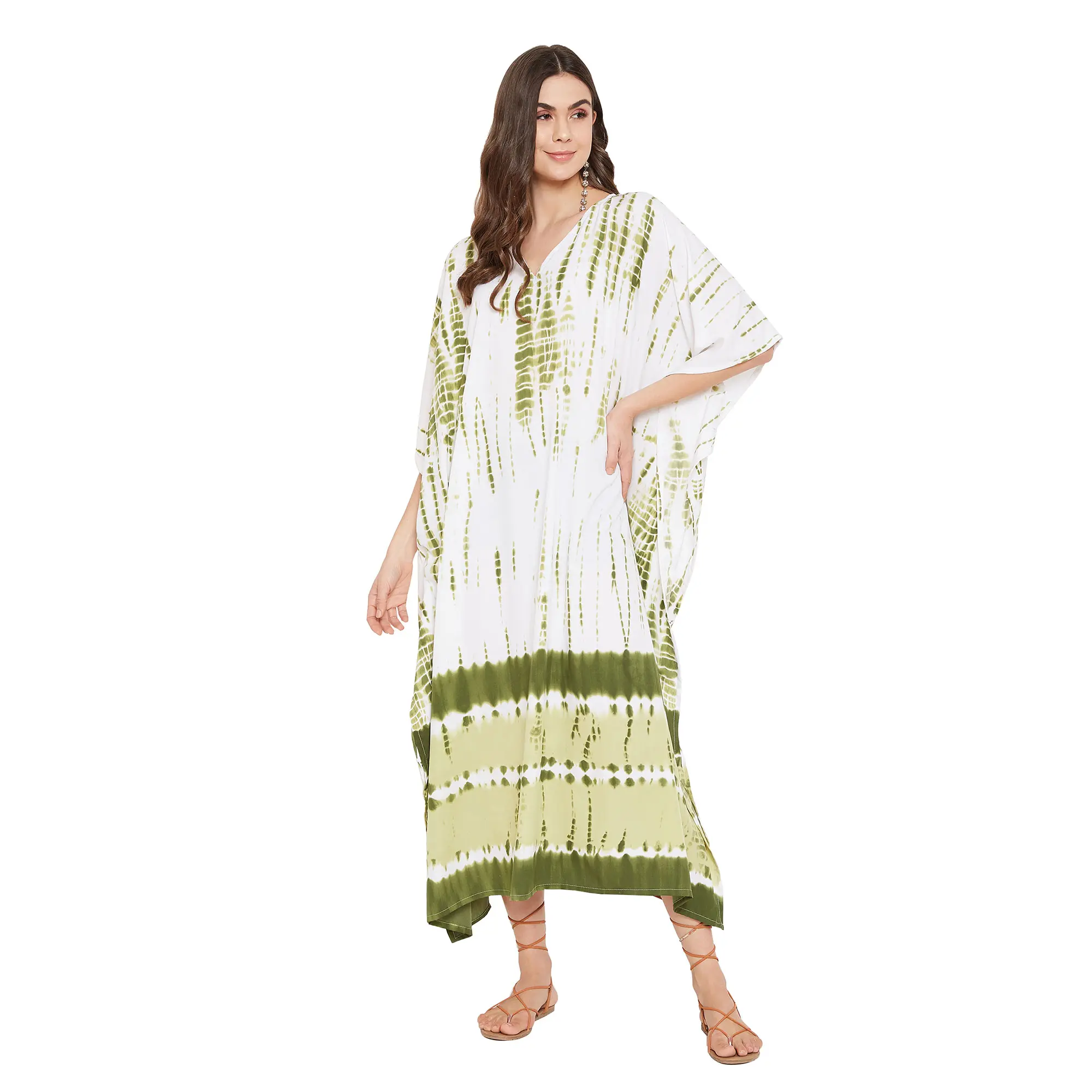 Gypsie Blu Long Kaftan for Women Polyester Lightweight Tie Dye Printed Olive Green Beach Cover Up One Size Fits Most