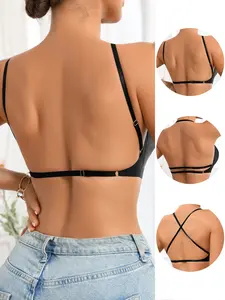 Women's Wireless Bra with Thin Padding, Lightweight Backless Design, Casual Fitted Style, All Seasons Wear, Plain Pattern, Three-Quarter Cups